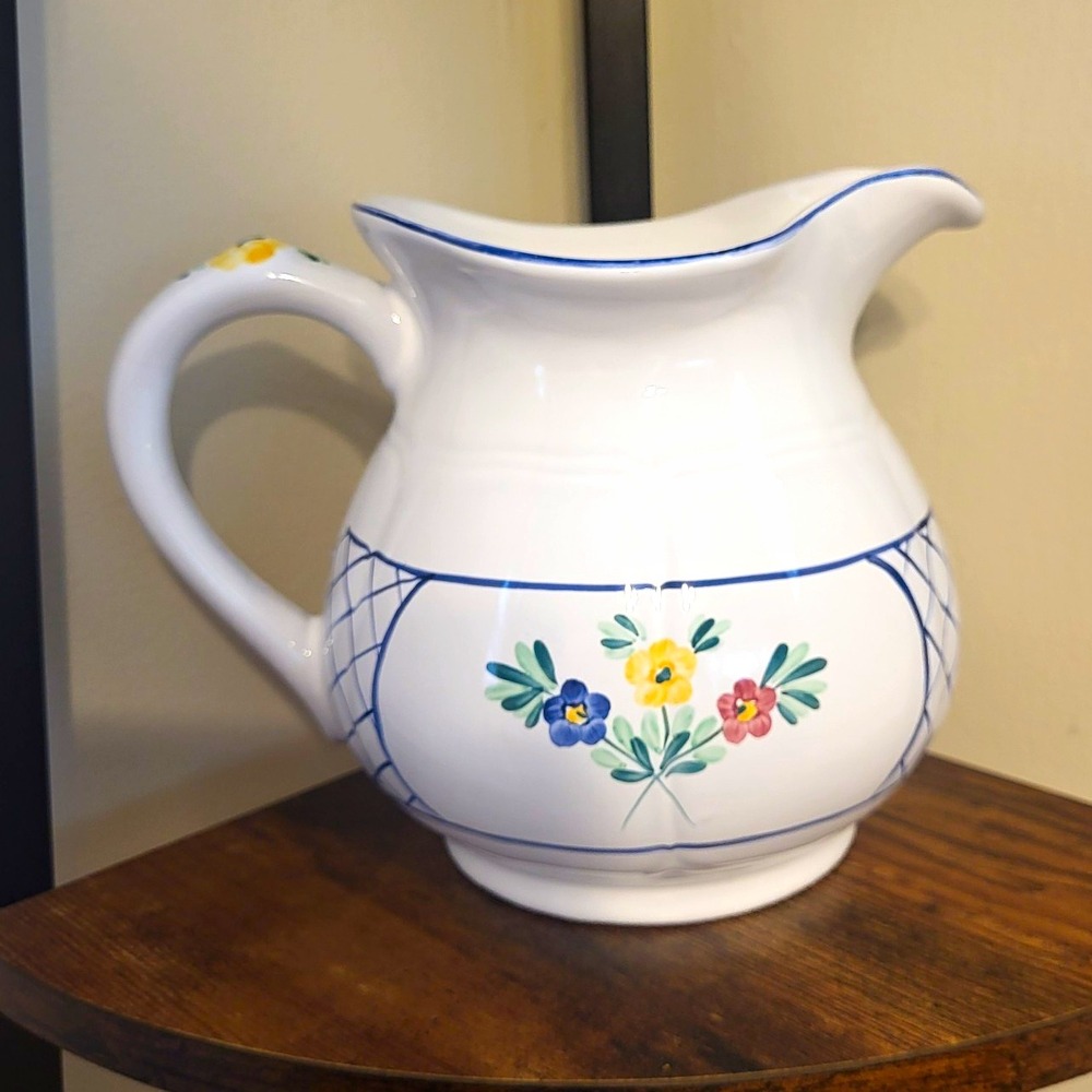 Vintage Herend Village Painted Floral Porcelain Pitcher White/Blue Lattice Hill